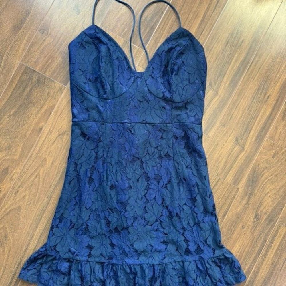 Aooksmery L navy lace ruffle tie back spaghetti strap corset dress